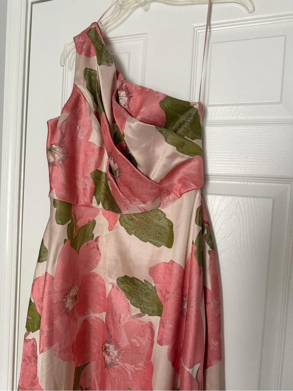 Alex Evenings One-Shoulder Pink/Peach Floral Dress with Green Leaves - Picture 6 of 16